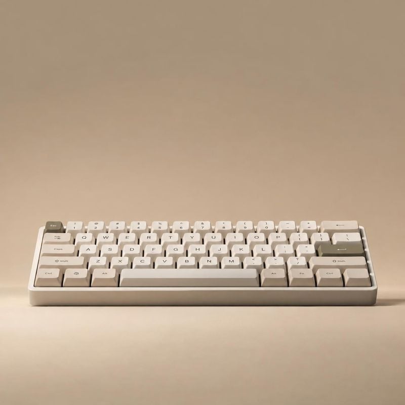 mechanical keyboard electronics product photo: A compact cream-colored keyboard is centered on a warm beige studio surface, with soft even lighting and generou…