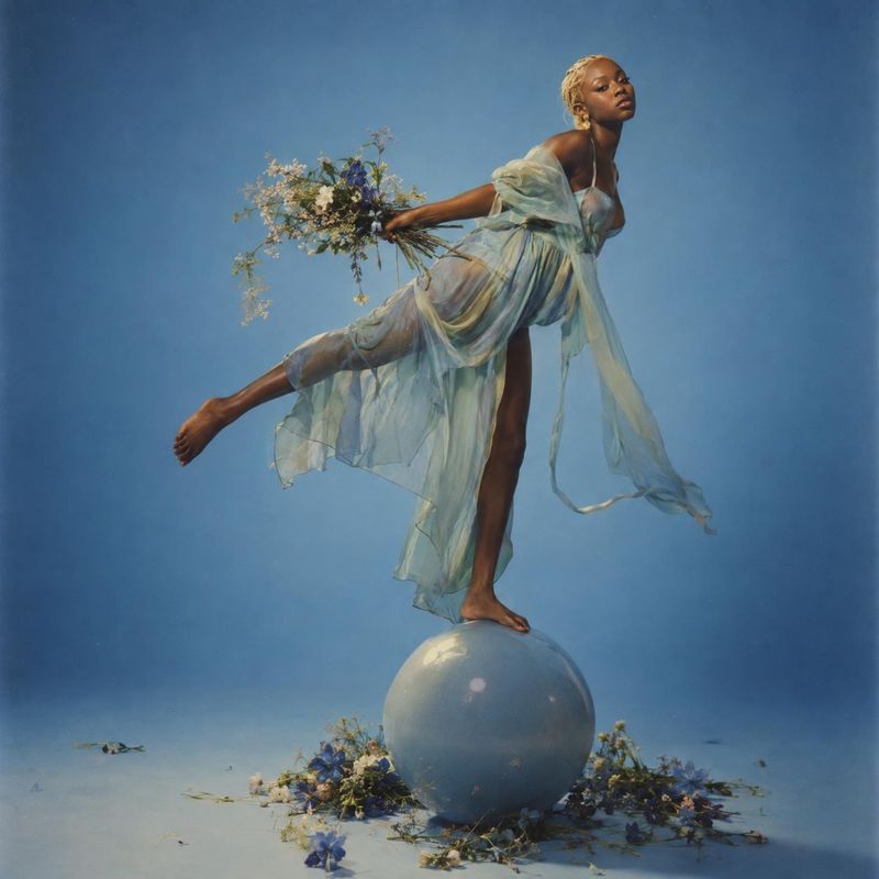 flowing sheer dress action & motion product photo: A model in a flowing, translucent blue-green dress balances atop a sphere while holding a bouquet, posed aga…