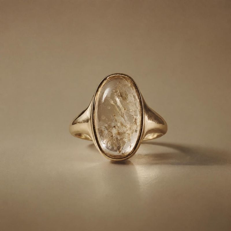 gold ring with an oval stone jewelry product photo: A gold-toned ring with an oval, translucent stone is presented on a warm neutral surface, softly lit with o…