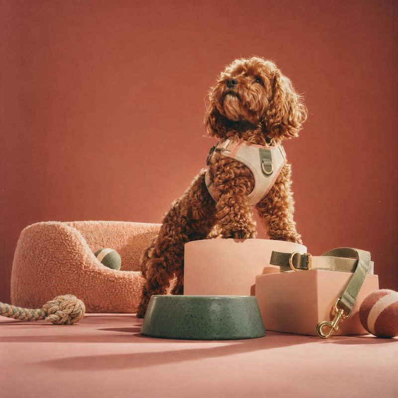 dog harness pet product photo: A curly brown dog wearing a pale harness sits among a leash, bowl, and plush pet accessories in a warm terracotta studio setup w…