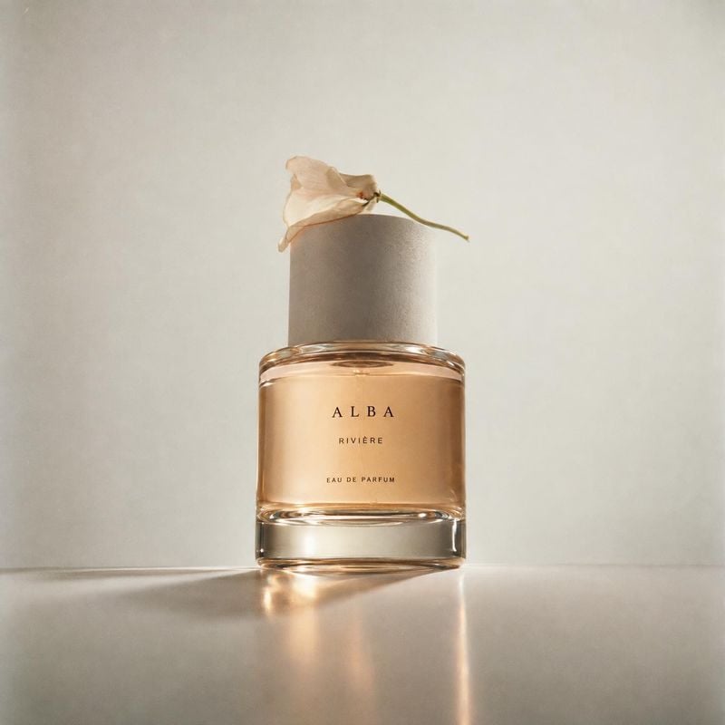 perfume beauty product photo: An amber-toned perfume bottle topped with a delicate pale flower sits against a softly lit neutral studio backdrop, creating a wa…