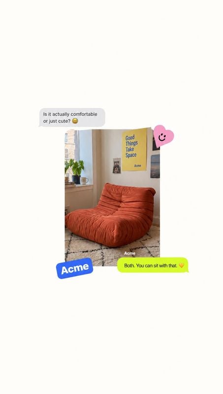 floor sofa room set product photo: A rust-orange floor sofa sits on a patterned rug in a bright, relaxed living room, framed within a social-style layout with…
