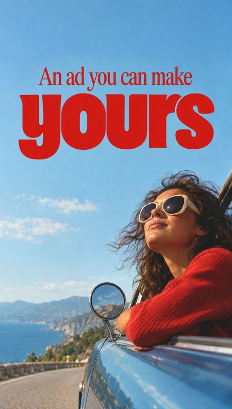 convertible car lifestyle scene product photo: A woman in sunglasses and a red sweater leans from a convertible on a coastal road, beneath bold red headline ty…