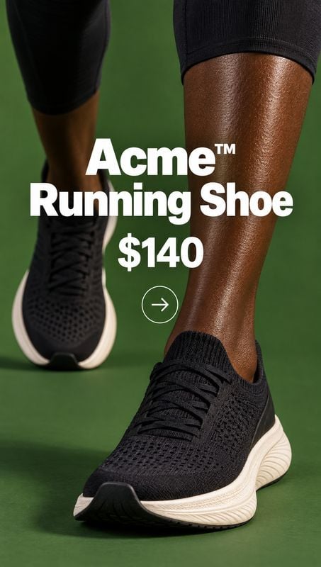 running shoes on-body detail product photo: A model wears black knit running shoes with white soles against a green studio backdrop, while bold white product a…