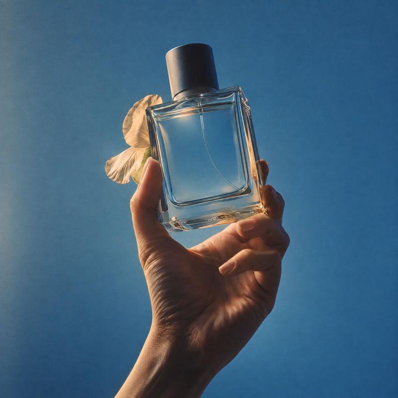 perfume bottle product in hand product photo: A hand presents a clear glass perfume bottle with a pale flower against a luminous blue backdrop, creating a clea…