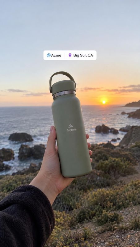 insulated water bottle product in hand product photo: A hand holds a sage-green insulated bottle against a rocky coastline at sunset, with soft golden light an…