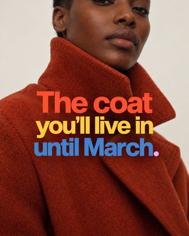 rust-red coat on-body detail product photo: A close-cropped model wears a thick rust-red coat against a pale studio background, with a bold, colorful headline…