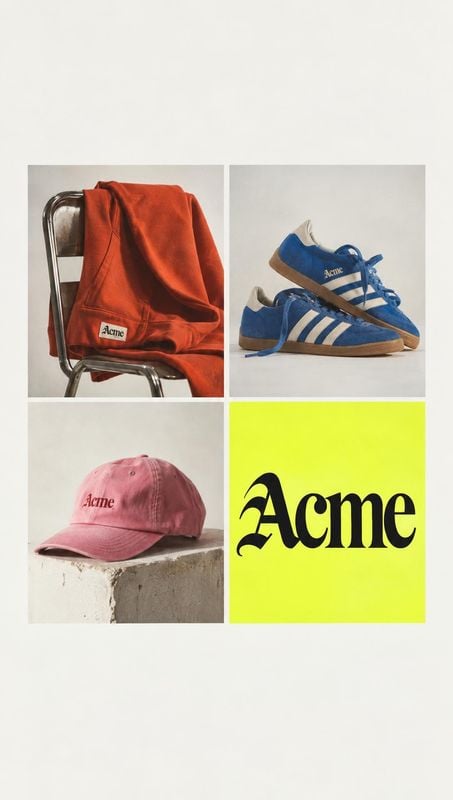apparel and sneaker collection group lineup product photo: A four-panel collage presents a rust-red sweatshirt, blue sneakers and a pink cap alongside a bold b…