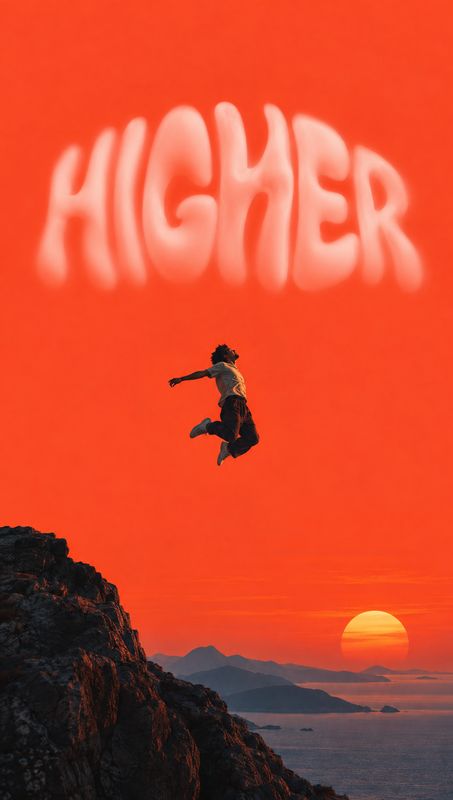 action & motion product photo: A person leaps from a rugged cliff above a sunset sea beneath the large glowing word “HIGHER,” creating a bold, aspirational cam…