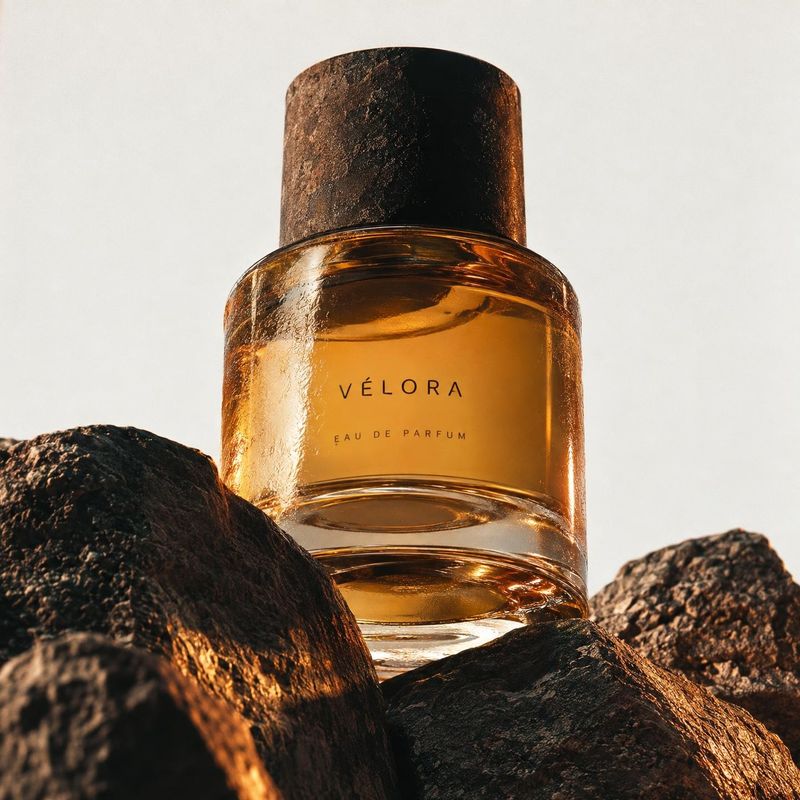 perfume close-up detail product photo: An amber perfume bottle with a dark textured cap sits among rugged black rocks against a pale backdrop, lit with warm hi…