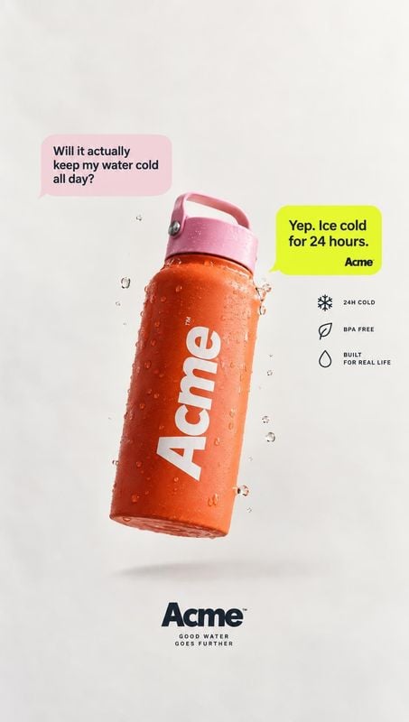insulated water bottle floating product product photo: A condensation-covered orange water bottle with a pink lid floats against a bright studio backdrop, surr…
