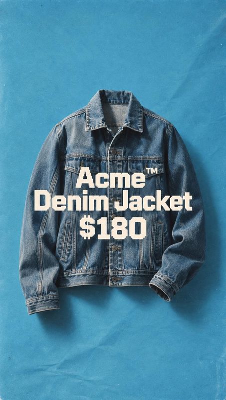 denim jacket floating product product photo: A denim jacket is laid flat against a textured blue backdrop, with bold cream lettering and a $180 price creating…
