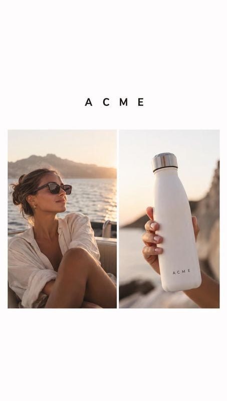 insulated bottle product in hand product photo: A woman relaxes beside the water at golden hour alongside a hand-held white insulated bottle, arranged in a cle…