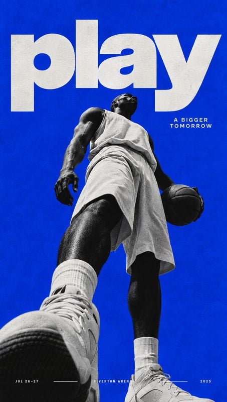 basketball shoes sports product photo: A low-angle black-and-white image of a basketball player in a light uniform and sneakers rises against a vivid blue back…