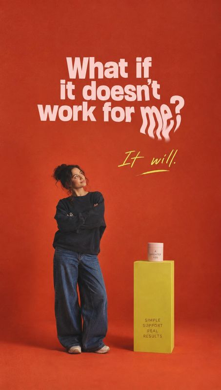 wellness product set personal care product photo: A casually dressed woman looks thoughtfully toward a wellness product set on a yellow pedestal against a vivi…