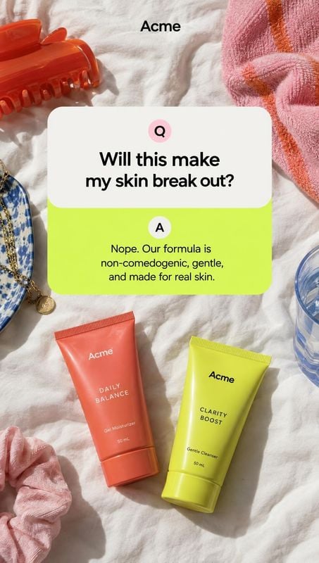 skincare cleanser and moisturizer flat lay product photo: Two colorful skincare tubes are arranged among towels and accessories on rumpled white fabric, with a…