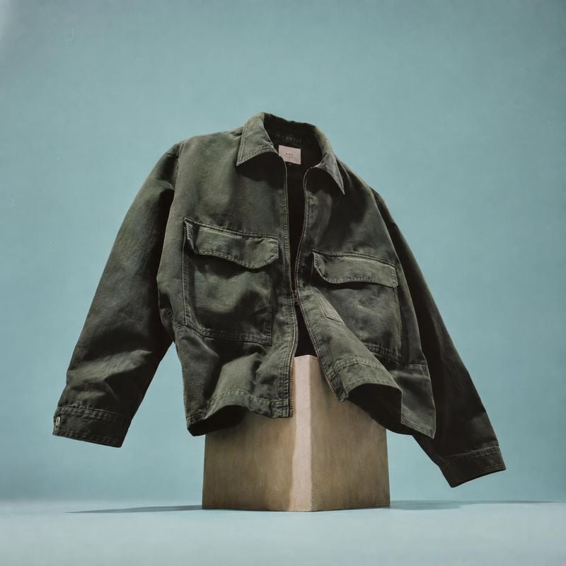 utility jacket fashion product photo: A dark, washed utility jacket is displayed on a wooden pedestal against a softly lit blue studio backdrop, creating a min…