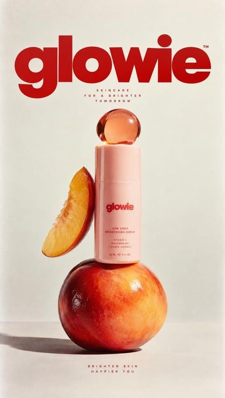 brightening serum ingredients product photo: A pink skincare serum bottle is balanced between a whole peach and a slice against a warm cream studio backdrop, w…