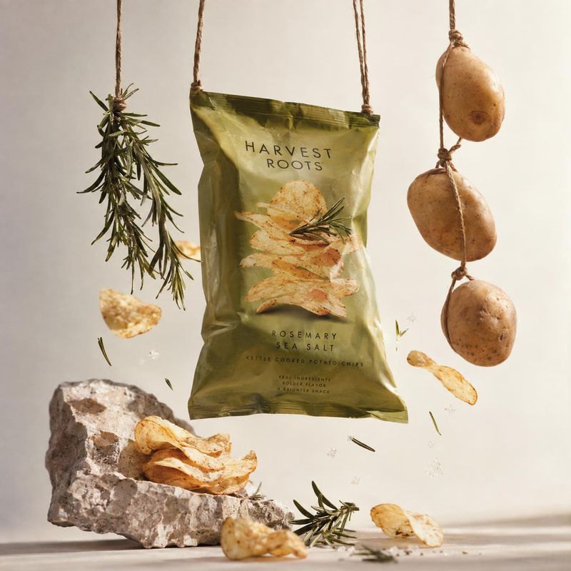 rosemary sea salt potato chips ingredients product photo: A green bag of rosemary sea salt potato chips hangs among suspended potatoes and rosemary, with scatt…