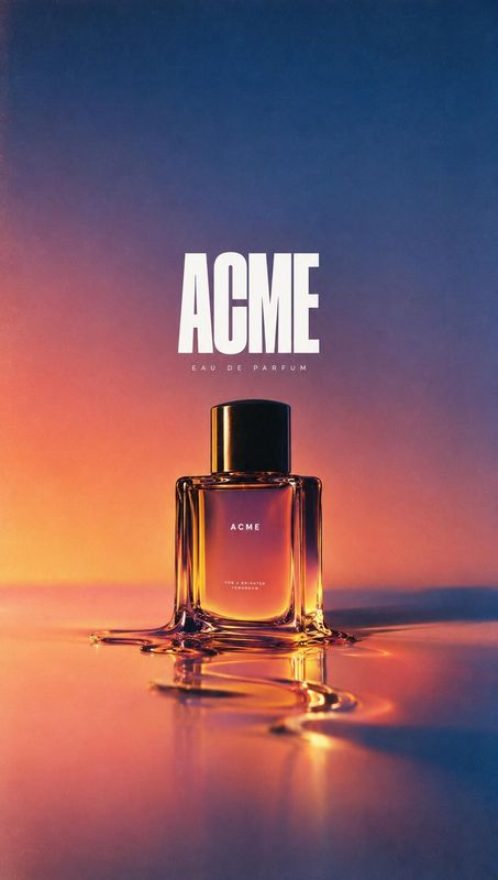 perfume packshot product photo: A glass perfume bottle rests on a reflective surface against a vivid sunset-gradient backdrop, with bold white ACME typography…