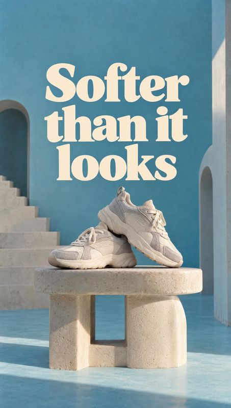 sneakers fashion product photo: A pair of light-colored chunky sneakers rests on a sculptural stone table in a blue architectural set, with large cream letteri…