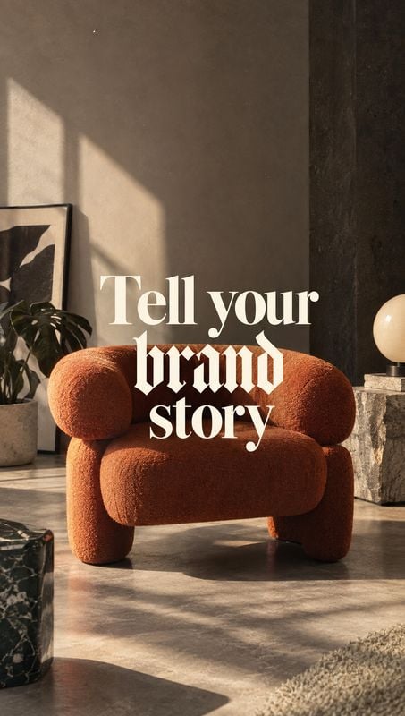 upholstered armchair room set product photo: A sculptural rust-colored armchair sits in a warmly lit modern interior, with framed art, a plant and stone accent…
