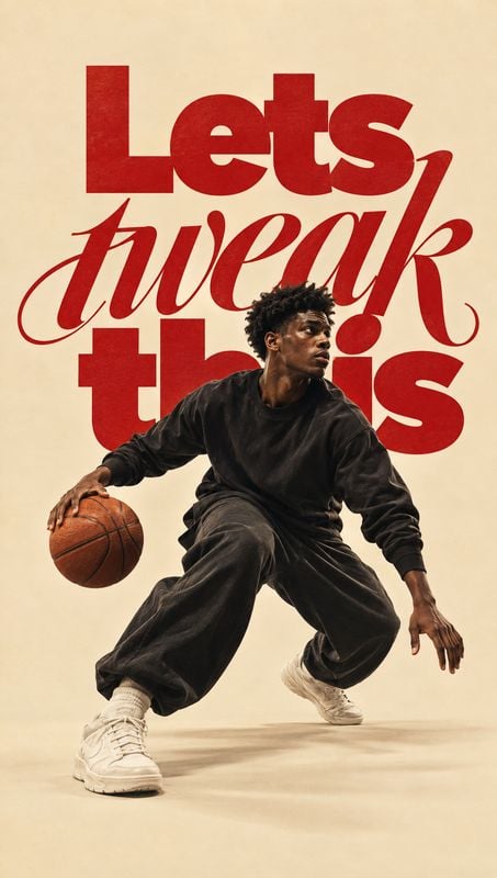 basketball outfit and sneakers action & motion product photo: A basketball player in dark streetwear and light sneakers dribbles against a warm cream studio ba…