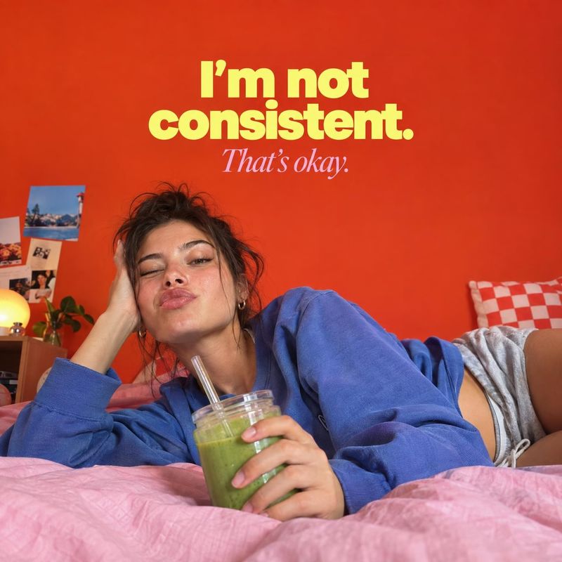 green smoothie lifestyle scene product photo: A woman in a relaxed blue sweatshirt reclines on a bed holding a green smoothie in a bright red bedroom, with bol…