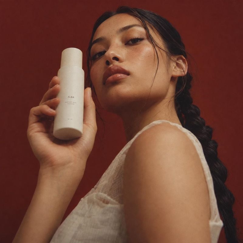 skincare bottle product in hand product photo: A woman with a long dark braid presents a minimalist white skincare bottle against a deep red studio backdrop, i…