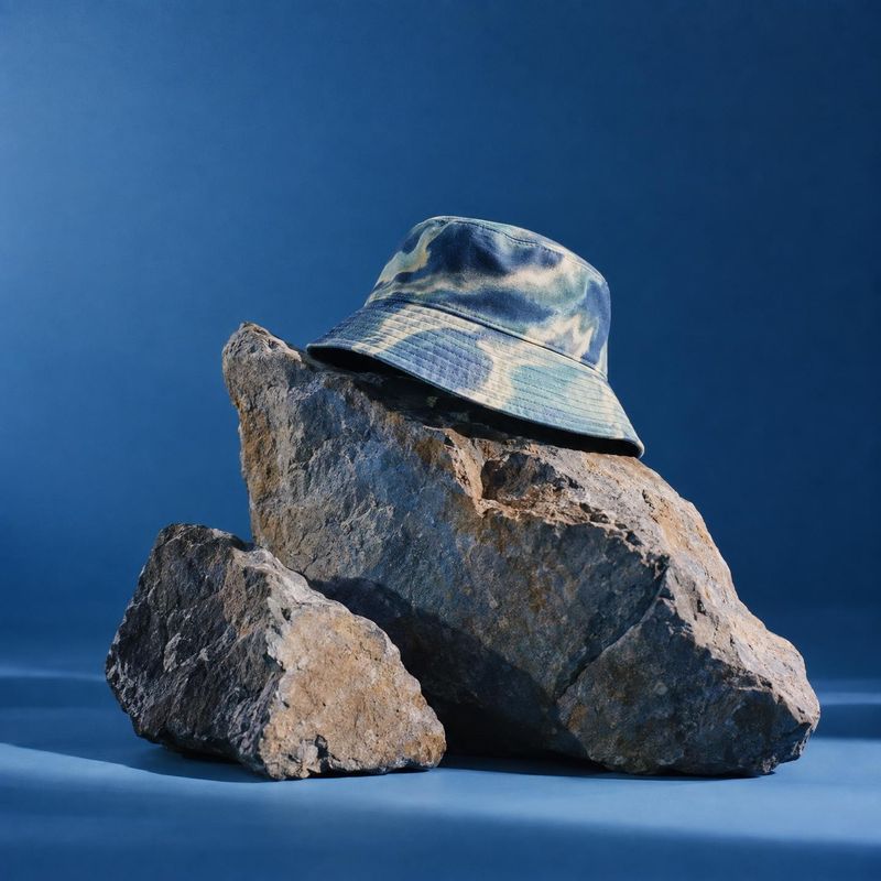 bucket hat ghost mannequin product photo: A blue tie-dye bucket hat rests on rugged rocks against a deep blue studio backdrop, with crisp directional light and…