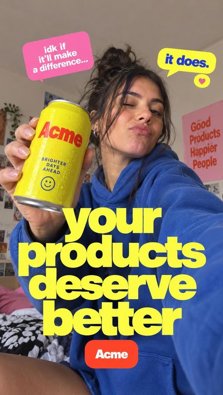 canned beverage food and drink product photo: A woman in a blue hoodie holds a bright yellow can in a casual bedroom, surrounded by bold yellow headline text a…