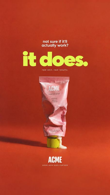 barrier balm packshot product photo: A crumpled pink barrier-balm tube stands against a vivid red studio backdrop beneath oversized lime-green headline typogra…