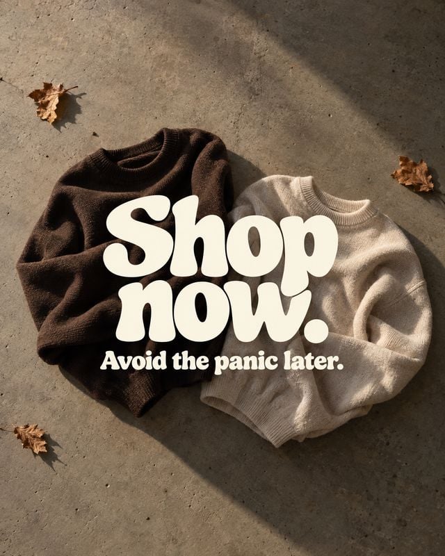 knit sweaters flat lay product photo: Two dark brown and cream knit sweaters are arranged on sunlit concrete with scattered autumn leaves, overlaid with bold c…