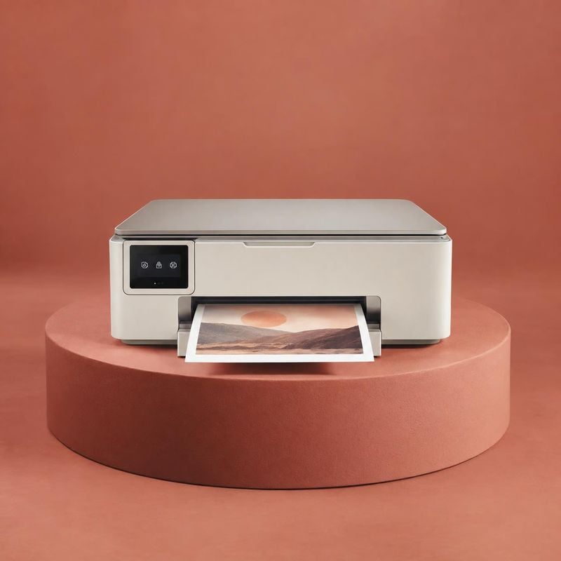desktop printer electronics product photo: A sleek white desktop printer sits on a rounded terracotta pedestal as a landscape print emerges, photographed again…