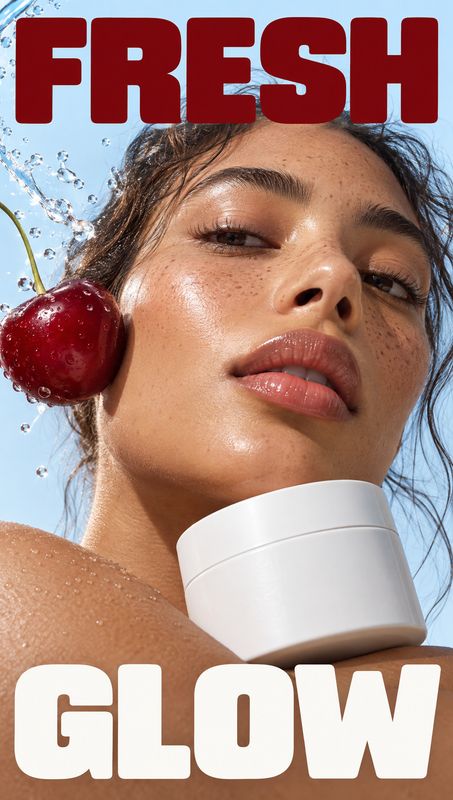 skincare jar splash / pour product photo: A close-up beauty portrait pairs dewy skin and a white skincare jar with a water-splashed cherry against a bright blu…