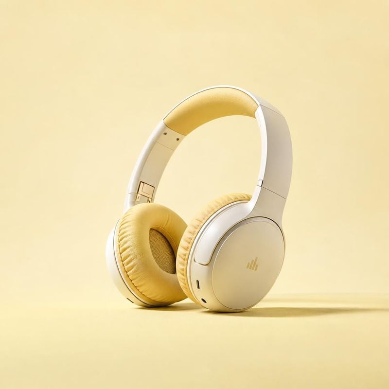 over-ear headphones electronics product photo: Cream-and-yellow over-ear headphones stand upright against a matching seamless backdrop, lit with soft direction…