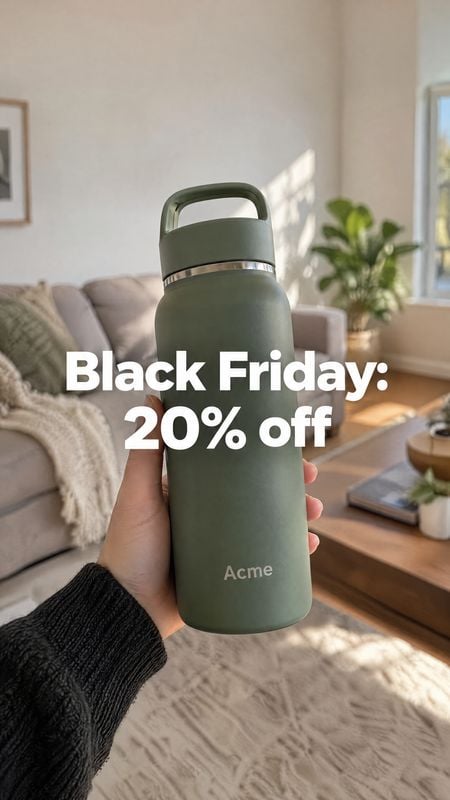 insulated water bottle product in hand product photo: A hand presents a muted green insulated bottle in a softly sunlit living room, overlaid with bold white B…