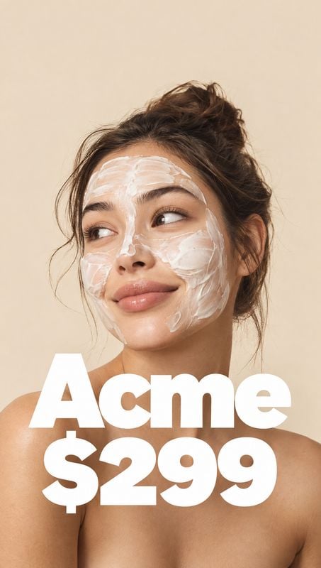 facial mask on-body detail product photo: A woman with a white facial mask looks to the side against a warm beige studio backdrop, while bold white brand and p…
