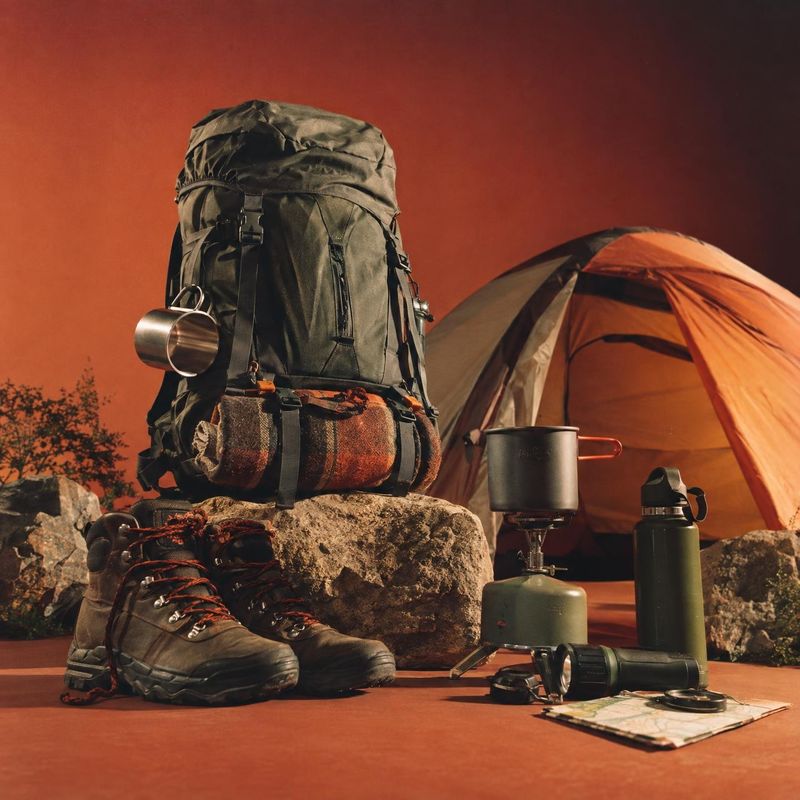 hiking backpack and camping gear lifestyle scene product photo: A hiking backpack, boots, cookware, and other camping essentials are arranged beside a tent on…
