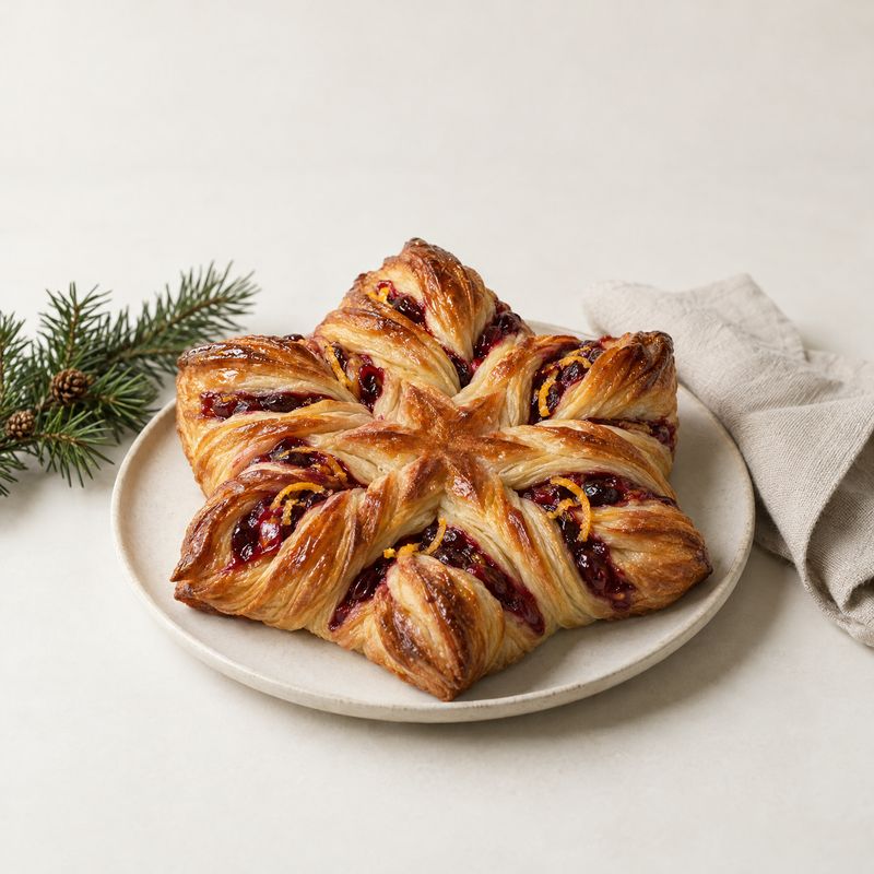 cranberry pastry christmas product photo: A golden, star-shaped cranberry pastry sits on a ceramic plate beside evergreen sprigs and a folded linen cloth, soft…