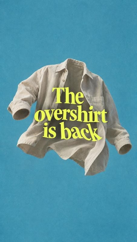 overshirt floating product product photo: A light neutral overshirt floats against a textured teal background, overlaid with bold yellow display type for a pla…