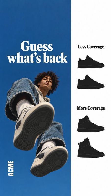 sneakers group lineup product photo: A low-angle fashion photograph shows a model in jeans and sneakers against a vivid blue sky, paired with black shoe silhou…