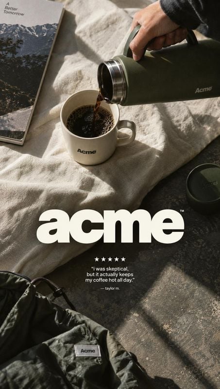 insulated thermos splash / pour product photo: A hand pours coffee from a dark green insulated thermos into a branded mug on a sunlit outdoor blanket, with a c…