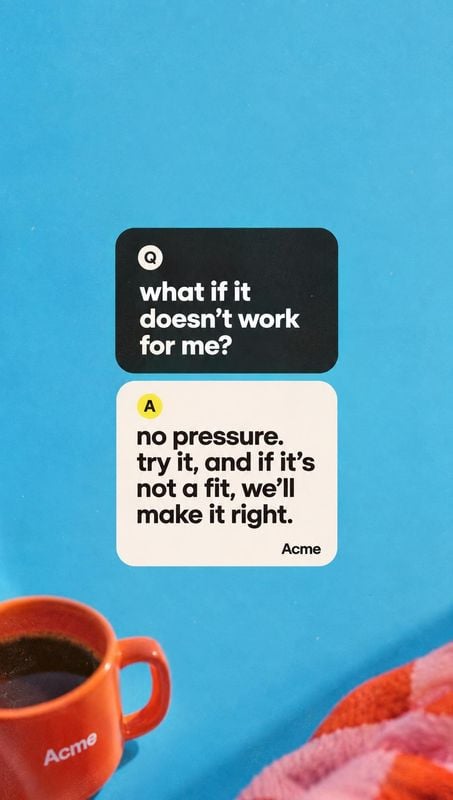 ceramic mug home product photo: A red mug and folded pink fabric sit against a vivid blue backdrop beneath bold Q&A cards, creating a bright, playful product-a…