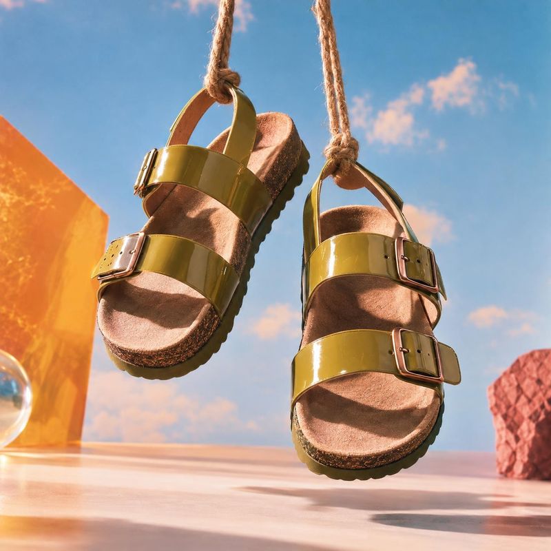 strappy sandals floating product product photo: Glossy olive-green sandals hang by ropes against a bright blue sky backdrop, with warm sculptural props and a p…