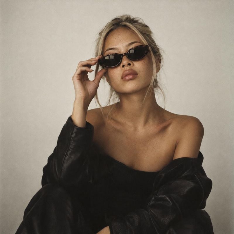sunglasses on-body detail product photo: A woman in dark oval sunglasses and a loose black jacket poses against a softly lit neutral studio backdrop, creating…