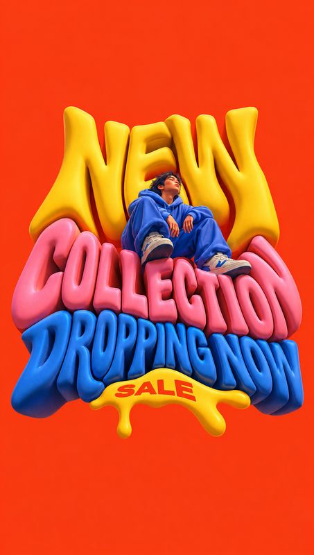 blue hoodie and pants black friday product photo: A young model in a blue outfit sits among oversized glossy 3D lettering announcing a new collection sale, set…