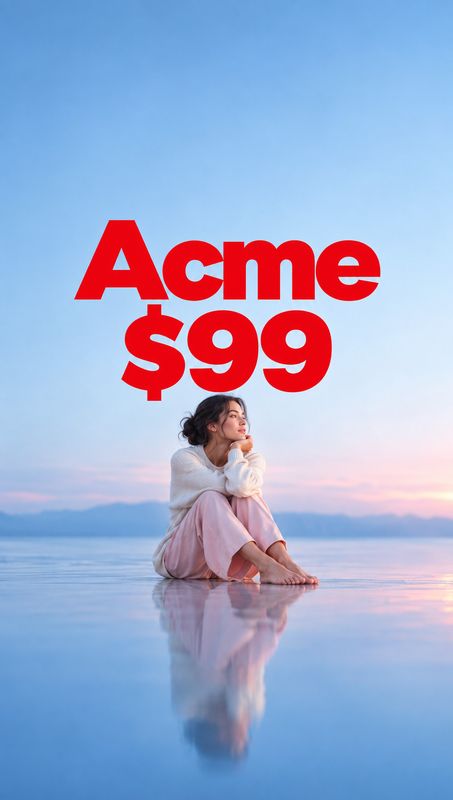 lifestyle scene product photo: An adult woman in soft white and blush clothing sits on reflective shallow water beneath a pastel dusk sky, with bold red “Acme…