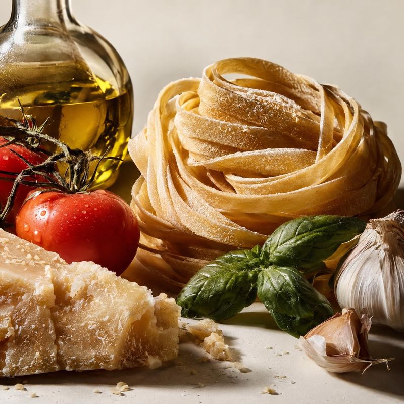 fresh pasta ingredients product photo: A warmly lit still life pairs fresh ribbon pasta with olive oil, tomato, basil, garlic, and cheese on a pale surface, cr…