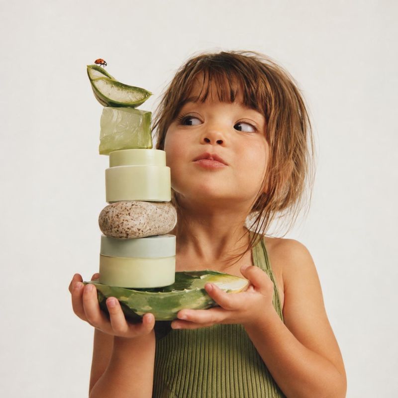 skincare jars ingredients product photo: A child in a green ribbed top holds a playful stack of skincare jars and aloe pieces, with a tiny ladybug perched abov…